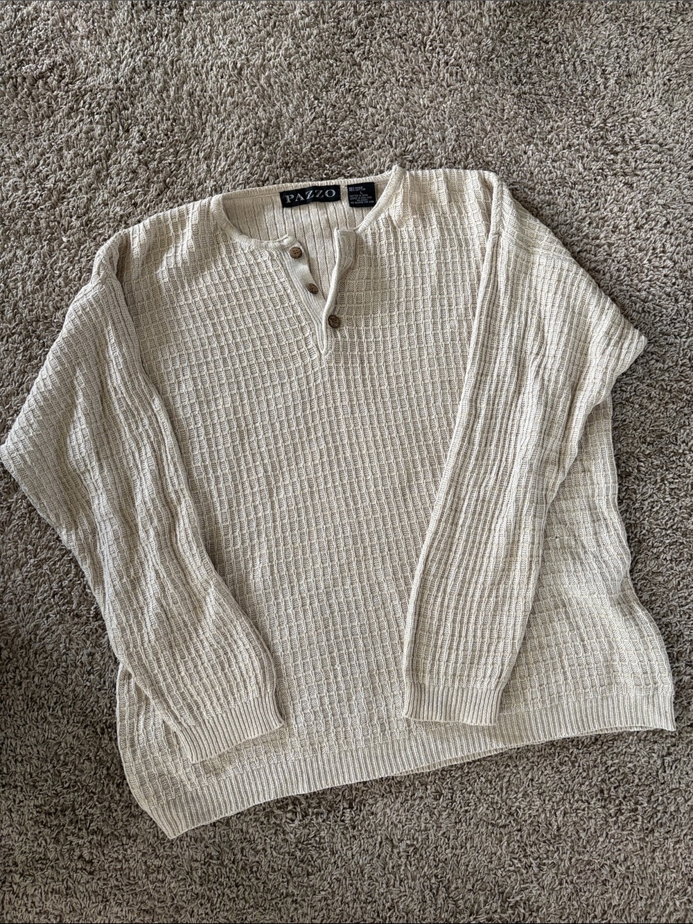 PAZZO Cream Waffle-Knit Henley Sweater